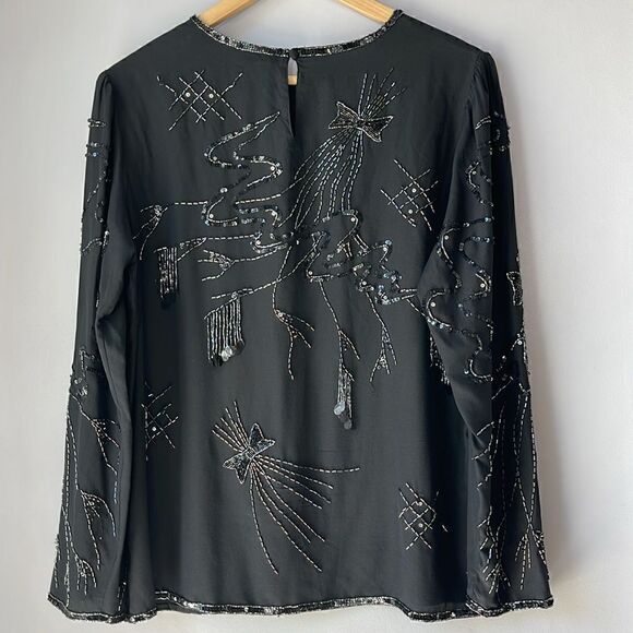 Vintage Silk CC Courtenay Blouse Sequin Beaded Blouse Black Medium - Picture 4 of 11